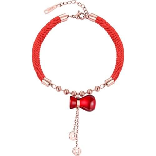 Wholesale cute red gourd Fu bag copper money tassel red rope bracelet titanium steel bracelet jewelry female models wedding gift