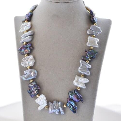 MCT·STAR Z10480 21" 37mm Black White Gray Double Baroque Keshi Pearl Bead Necklace