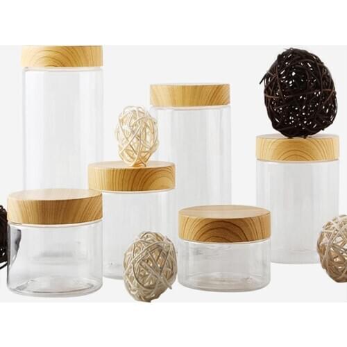 Clear Plastic Jar Lids Empty Wood Color Cosmetic Containers Makeup Box Travel Bottle 100ml 150ml 180ml 200ml 250ml 300ml 500ml