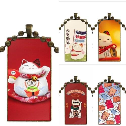 Glass Pendant Necklace Handmade Half Pendant Rectangle Necklace For Women Kids Gift Cute Festival Fortune Fortune Cats