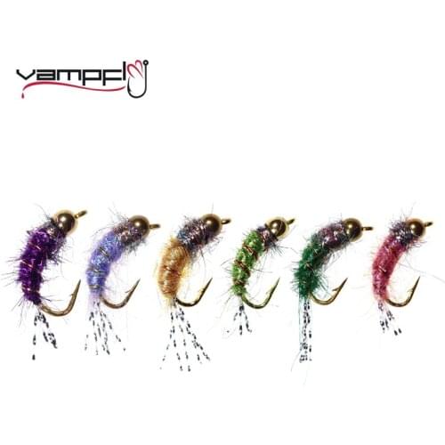 Vampfly 12PCS Brass Bead Head Fishing Flies Trout Lures Rainbow Nymph Caddis Fly Lures #12 Pink Blue Olive Purple Yellow