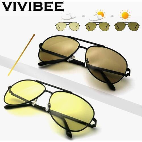 VIVIBEE Color Change Sunglasses Men Pilot Driving Photochromic Yellow Polarized Women Sun Glasses Aviation Day and Night Vision