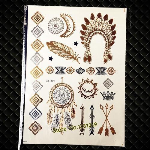 25 Styles Gold Flash Indian Feather Crown Tattoo Waterproof Metallic Dreamcatcher Arrow Body Art Fake Temporary Tattoo Stickers