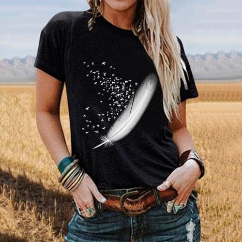 T Shirt Women Loose Short-sleeved Feather Print Tshirt O-neck Casual Summer T-shirt Top Tees White Cotton T Shirt Women 2021