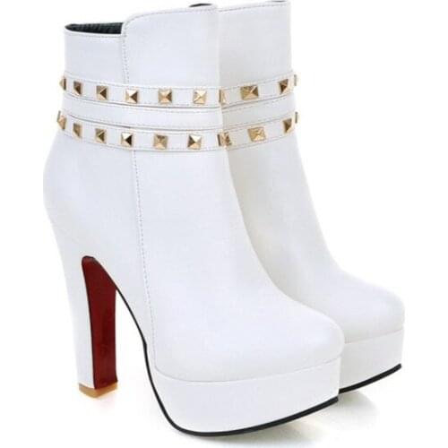 Punk Rock Rivets Studded Boots Women High Heels Platform Booties Shoes Woman Big Plus Oversize 46 47 Ankle Boot Ladies White Red