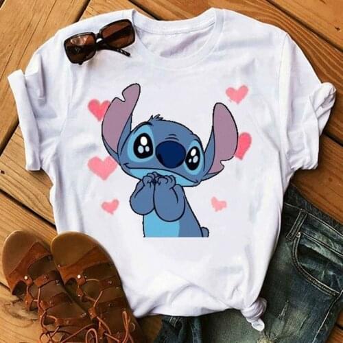 Kawaii Disney Stitch Womens T-shirts Summer Cartoon Short Sleve Shirt Sweet Style T-shirts Fashion Female Oversized T Shirts