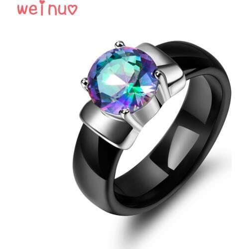Weinuo Rainbow Fire Mystic Crystal Zircon Ring Solid 925 Sterling Silver Jewelry Best Gift For Women Black Ceramic Wedding Ring