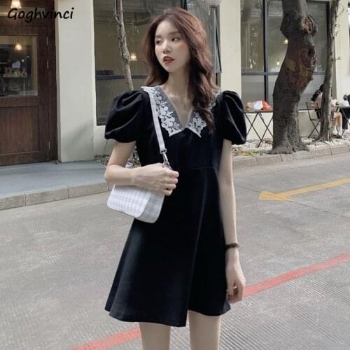 Short Sleeve Dress Women Black Design Korean Style Lace Simple Elegant Mini Vestidos Ladies Summer Fashion Chic Streetwear Retro