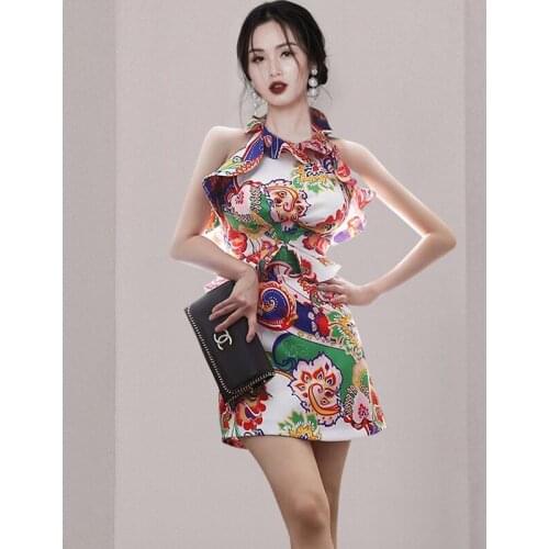 Sexy Halter Neck Bodycon Dresses 2021 Summer Print Backless Sleeveless Bandage Women Ruffles Dress Party