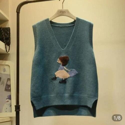 Sweet Girl Womens Vest Knitted Sweaters Pullover V-Neck Cartoon Pictures Knitted Vest Spring Autumn New Student Waistcoat Tops