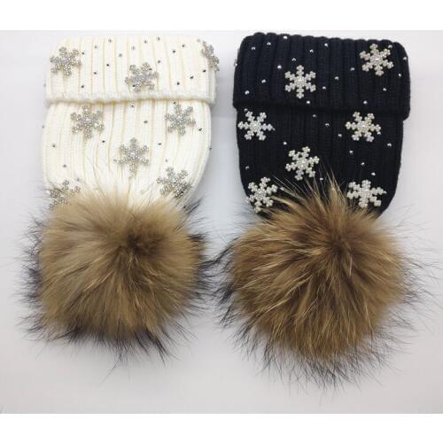 Winter Women Removable Fur Pom poms Knitted Beanies Snow Rhinestone Cap New Thick Warm Plush Knitting Skullies Hat Christmas