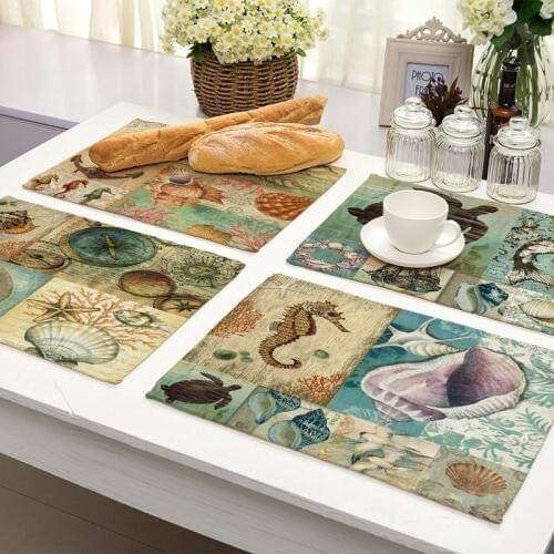1Pcs Sea Turtle Anchor Pattern Kitchen Placemat Table Mat Drink Coaster Cotton Linen Pad Dish Cup Mat 42*32cm Home Decor MS0024