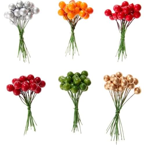 100Pcs Artificial Flower Red Holly Berries Green Wire Fake Stamen Christmas Wedding Wreaths Craft Garden DIY Decoration Colorful