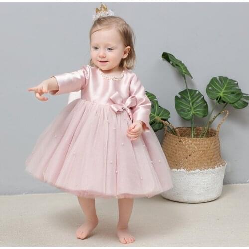2021 Pink Beads Baby Girl Clothes White Long Sleeve Baptism Newborn Infant Princess Dresses For Party Wedding 1st Birthday Frock