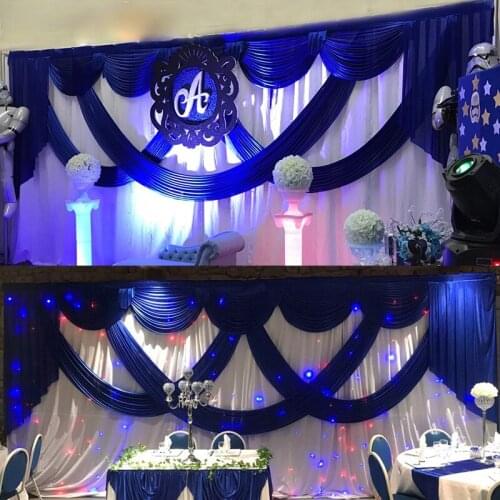 3*6M White Ice Silk Wedding Backdrops with Royal Blue Swag Stage Background Drape and Curtain Wedding Decoration