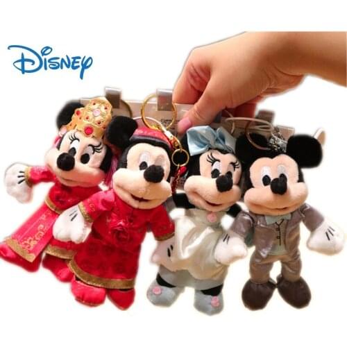 Disney Genuine Mickey Minnie Mouse Kawaii Plush Keychain Girls Bag Charms Car Pendant Plush Wedding Dolls Keyring Couple Gifts