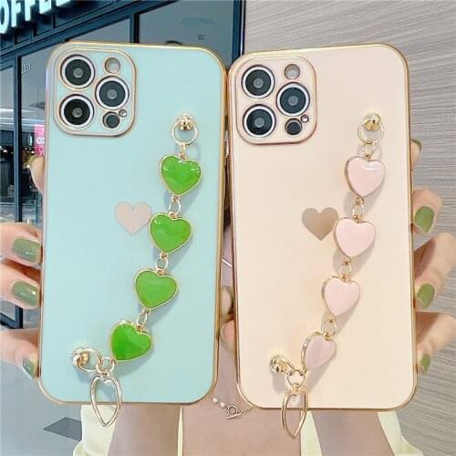Wrist Strap Love Heart Phone Case For iPhone 12 11 Pro Max XR XS Max X 7 8 Plus 12 11 Pro 11 Electroplated Bracelet Back Cover