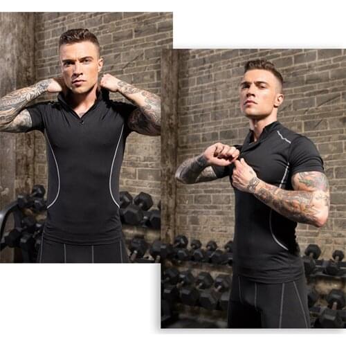 Gothic Fashion Mens Stand-Up Collar Fitness Short Sleeve Pro Training Running Stretch T-Shirt Sports Quick-Drying Short-Sleeved