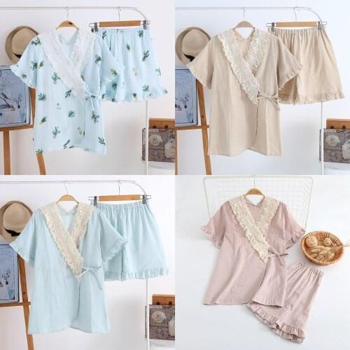 Japanese Style Kimono New Ladies Solid Color Short Sleeve + Shorts Pure Cotton Double Gauze Pajamas Sleep Pants Suit Plus Size
