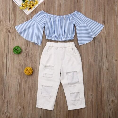 Summer Baby Girls Toddler Set Flared Long Sleeve Off-shoulder Striped Tops + Elastic Waist Ripped Trousers Set