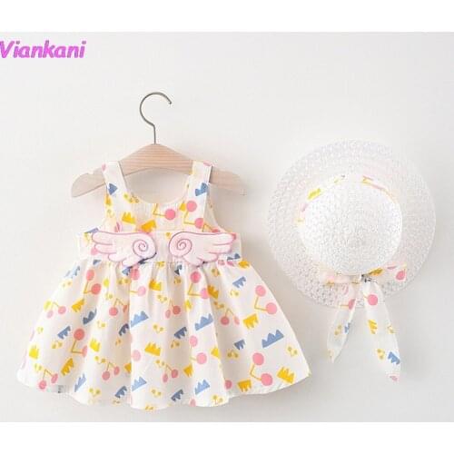 Cute Wing Girl Summer Dress With Sun Hat Outfits Sleeveless Backless Children Dresses Girls 2021New Baby Clothes 1 2 3 4 5 Years