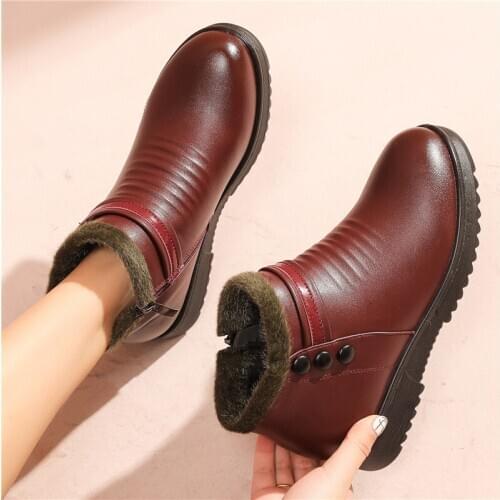ZZPOHE Fashion Winter Boots Women PU Leather Ankle Warm Boots Mom Autumn Plush Flat Shoes Woman Snow Boots Big Size 35-41