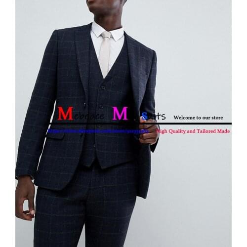3 Pieces Plaid Men Suits Modern Dark Blue Custom Made Handsome Men Suits Single Breasted Formal Business Slim Fit Coat+Pant+Vest