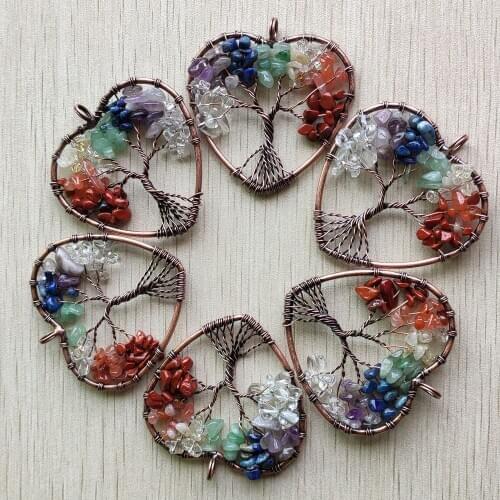 New Wholesale 6pcs/lot fashion 7 chakra stone wire wrapped tree of life heart shape pendants for necklace jewelry marking