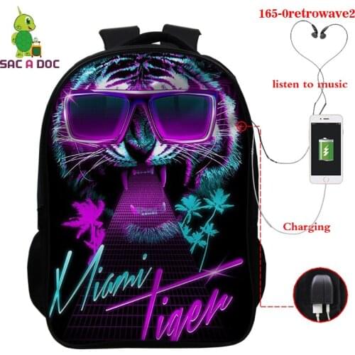 New Retro Wave School Backpack Child Schoolbag Kawaii Bookbag 3D Usb Charge Student Book Bag New Retro Wave Backpacks for Girls