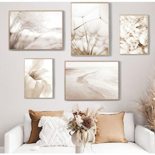 White Flower Beige Beach Grass Lines Minimalist Posters And Prints Wall Art Canvas Painting Wall Pictures For Living Room Decor