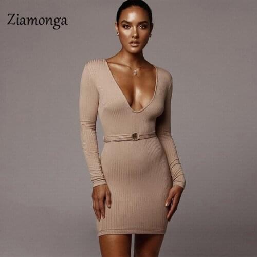 Ziamonga Elegant Knitted Dresses Women Autumn V-Neck Skinny Sweater Dress Ribbed Bodycon Ladies Winter With Belt Casual Vestidos