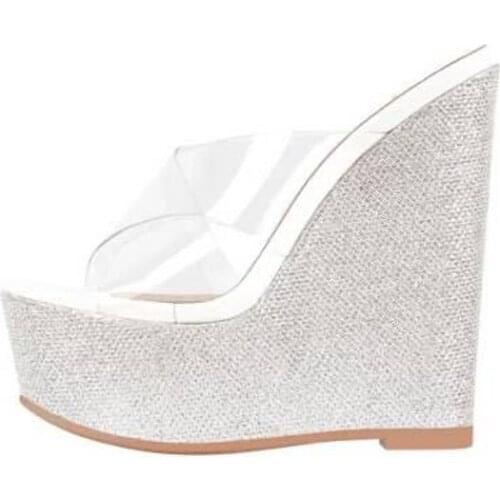 Desginer Clear PVC Strap Crossed Wedge Heel Slipper Bling Bling High Platform Transparent Peep Toe Gladiator Sandals Shoes