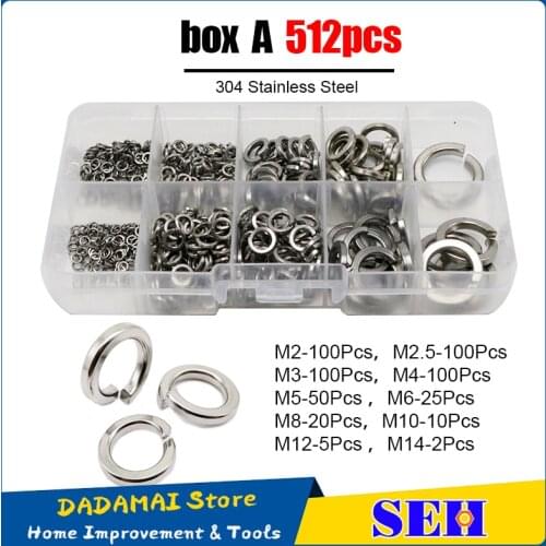 SEH 512Pcs Lock Washers Set Stainless Steel Black M2 M2.5 M3 M4 M5 M6 M8 M10 M12 M14 Spring Lock Washer Assortment Kit