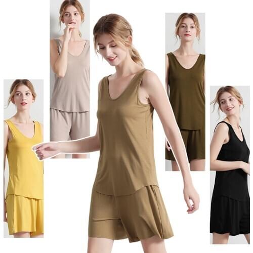 2020 Spring and Summer Ladies Home Wear Suit Knitted Sleeveless Shorts Casual Pajamas Set Sleepwear Can Be Worn Outside Pyjamas