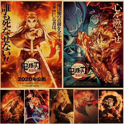 Japanese Anime Movie Demon Slayer Mugen Train Poster Rengoku Kimetsu No Yaiba : Mugen Ressha-hen Art Painting Wall Stickers