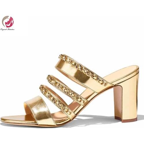 Original Intention Ladies Sexy Pumps Golden Wide Chain High Chunky Heels Sandals Woman Vegan Patent Leather Large Size