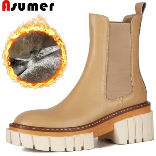ASUMER Size 34-42 New Genuine Leather Boots Women Slip On Chelsea Boots Solid Color Autumn Winter Ankle Boots Ladies Casual Shoe