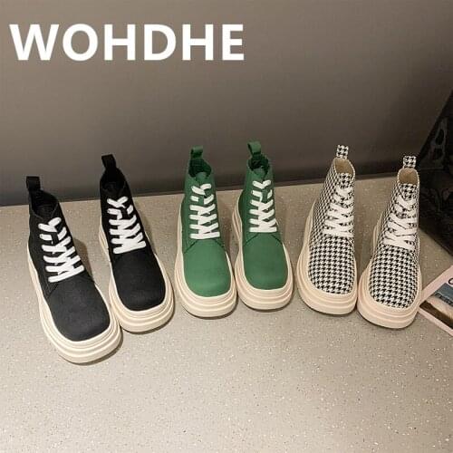 WOHDHE Women Sneakers Breathable New Female Platform Thick Sole Sponge Bottom Lace-up Casual Solid Square Toe Sport Sneakers