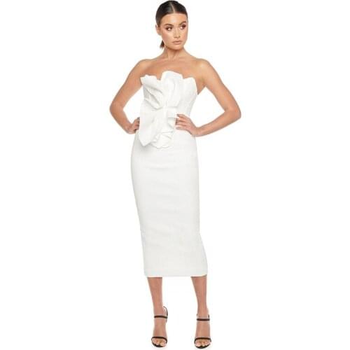 2021 Fashion Strapless White Bandage Dress Elegant Ladies Designer Mid-calf Prom Celebrity Bodycon Party Dress Vestidos