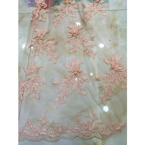5yards /lot hts001# peach 3d luxury sequin flower embroidery tulle mesh lace fabric for evening dress/wedding