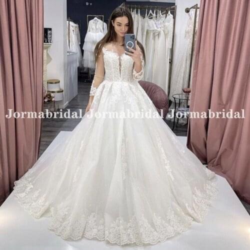 Ball Gown 3/4 Length Sleeves Arabic Wedding Dresses Sheer Scoop Neckline Appliques Tulle Lace Up Bridal Dress Made To Measure