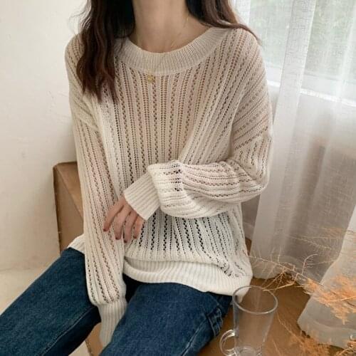 White Blouse Women Chic Autumn Korean Style Retro Hollow Out Sunscreen Sweater Long-sleeved Women Thin Loose Lady Tops 15723