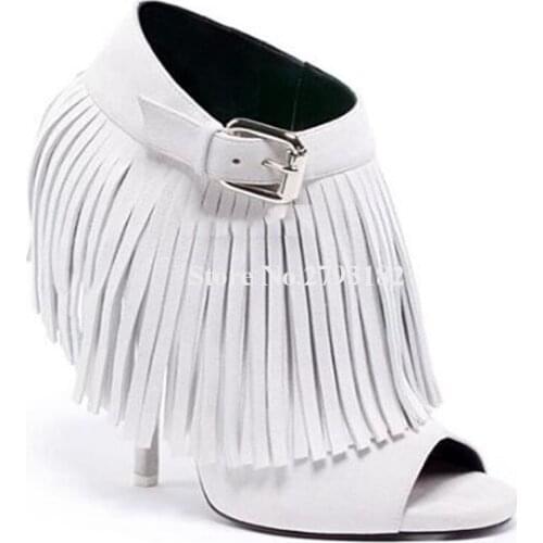 Brand Design Women Fashion Peep Toe Stiletto Heel Tassels Short Boots White Black Fringes High Heel Ankle Booties Dress Shoes