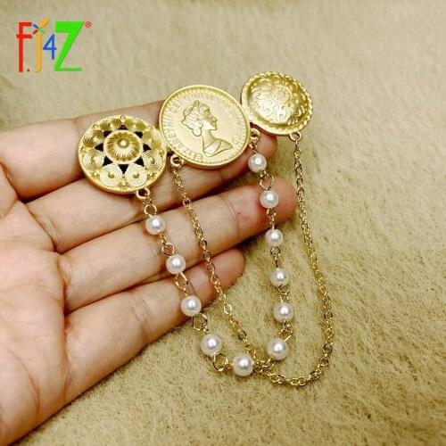 F.J4Z 2021 Trend Brooches for Women Vintage Alloy Coins Pins Simulated Pearl Chain Tassel Jewelry Accessories Gifts Dropship