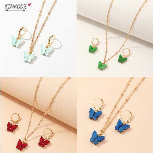 FIMAODZ Lovely Butterfly Jewelry Sets Candy Color Beautiful Insect Design For Women Kids Party Earrings Necklace Set Jewellery