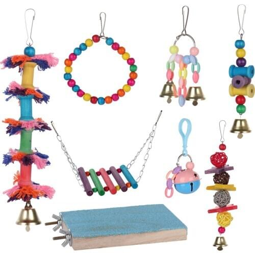8pcs Bird Parrot Toys Swing Hanging Toy Bird Cage Toys Hammock Bell Swing Ladder Perch Chewing Toys for Parrots Pet Supplies
