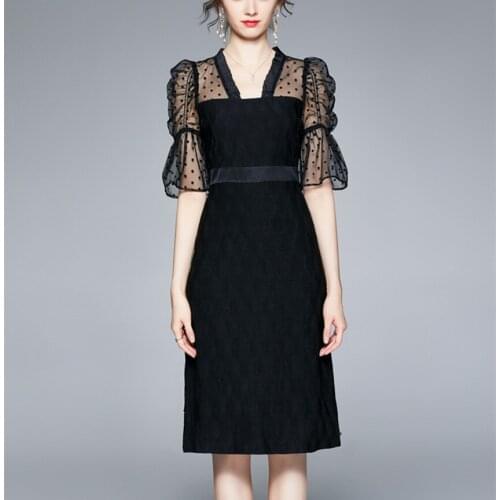 JSXDHK Black Office Ladies Sheath Dress Elegant Summer Mesh Wave Point Patchwork Flare Sleeve Dot Bodycon Slim Dresses For Women