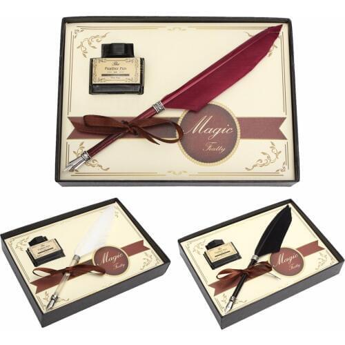 JX-LCLYL Feather Quill Metal Nib Brown Dip Pen Writing Ink Set With Box Gift 21 x 0.5cm