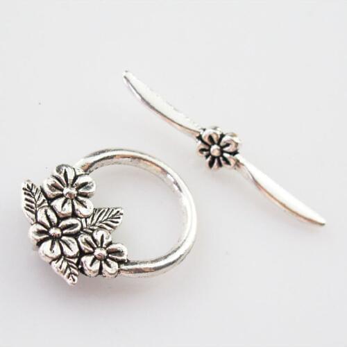 Fashion 12Sets Tibetan Silver Leaf Flower Round Circle Bracelet Toggle Clasps Connectors