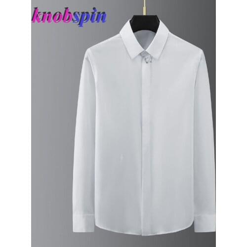 Neckline Metal buckle decoration Shirt men 2021 Solid Color 100% Pure Cotton Slim male Dress Shirts long sleeve Casual Camisa